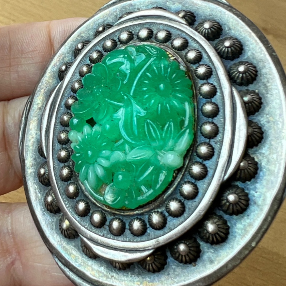 VINTAGE CHINESE EXPORT STERLING CARVED PEKING GLASS STATEMENT PENDANT PIN BROOCH - Picture 5 of 16